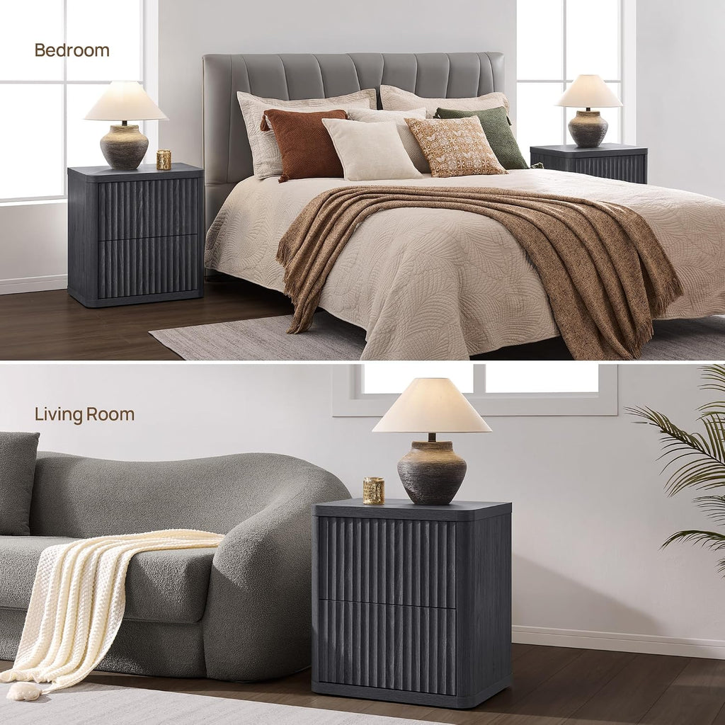 SICOTAS Night Stand Set of 2 Nightstands with 2 Drawers Storage Bedside Table Large Fluted Bed Side End Table Modern 24.4' Tall Wide Night Stands for Bedroom Living Room Sofa Couch Office