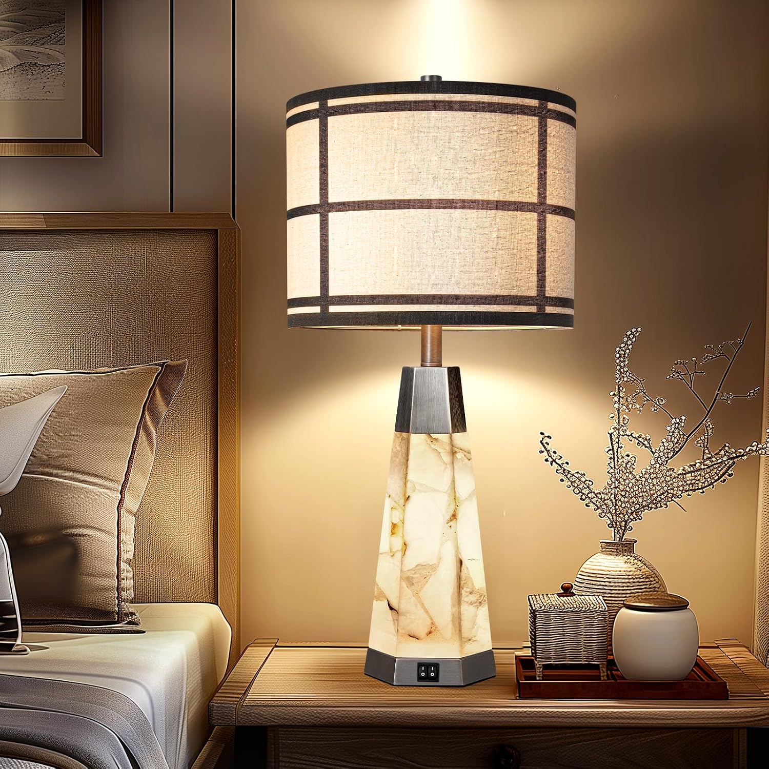 KIVDITZO 27' Alabaster Table Lamps for Living Room, Bedroom Lamps Set of 2 with Night Light, Living Room Lamps with USB A+C Ports, Table Lamp with Linen Shade for Bedside (Bulbs Included)