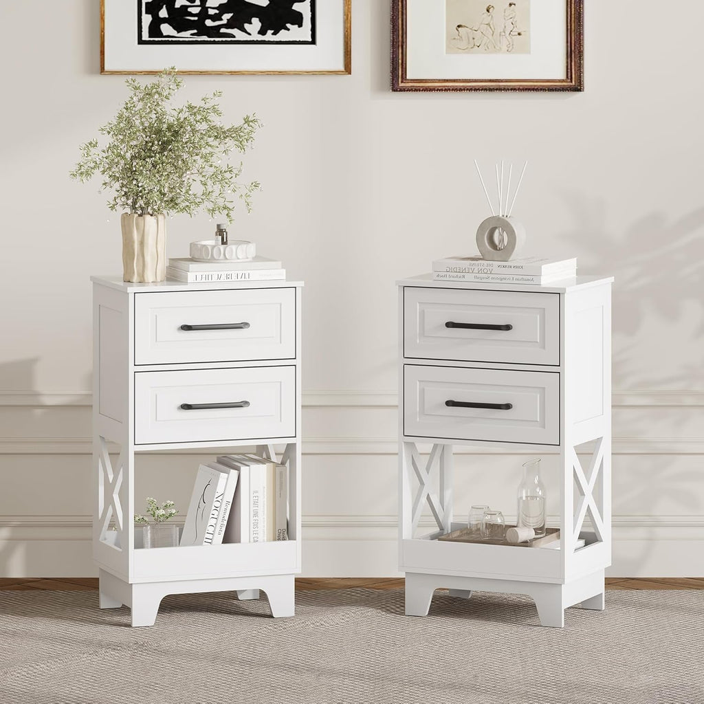 Tall Nightstand Set of 2 Side Table with 2 Drawers Modern Night Stand Wooden End Table Bedside Table with Below Open Shelf Solid Feet for Bedroom White