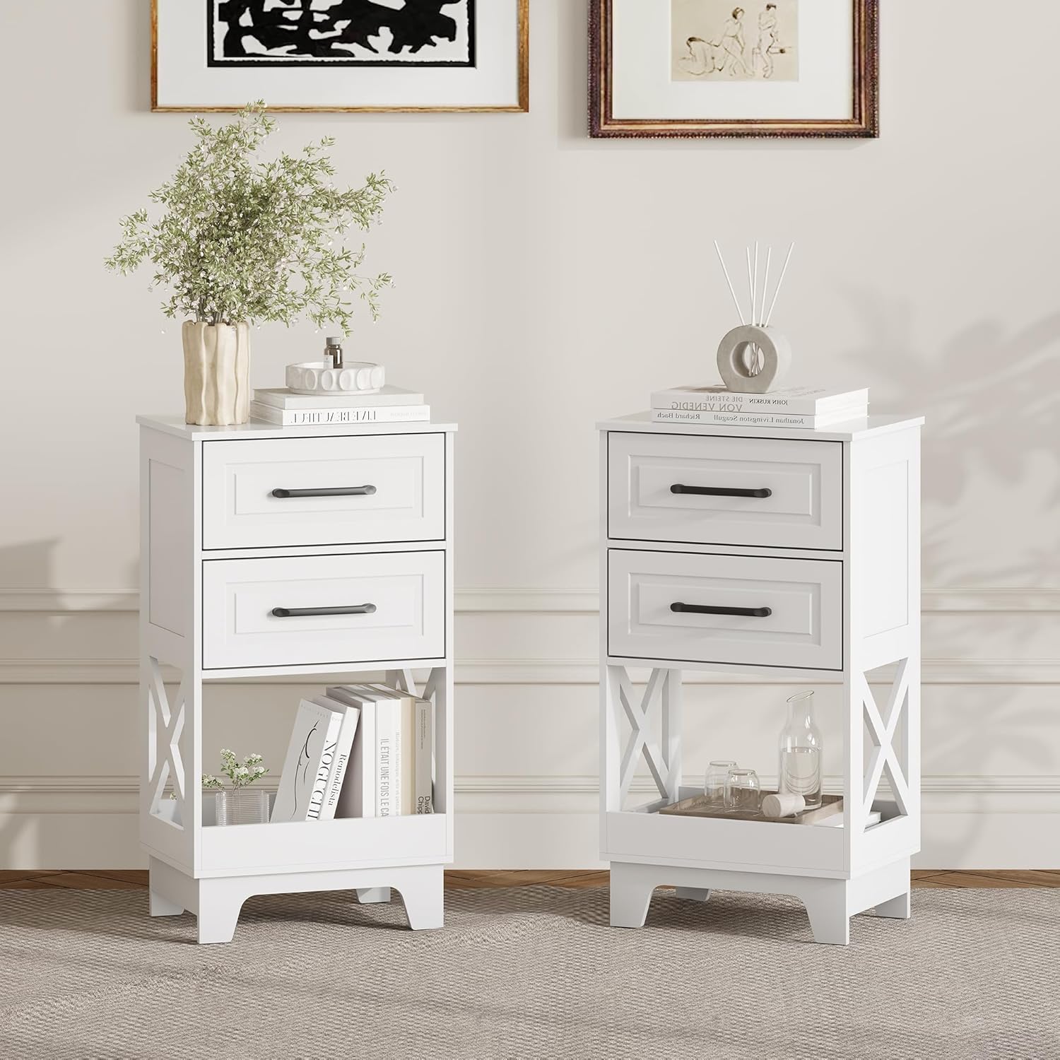 Tall Nightstand Set of 2 Side Table with 2 Drawers Modern Night Stand Wooden End Table Bedside Table with Below Open Shelf Solid Feet for Bedroom White