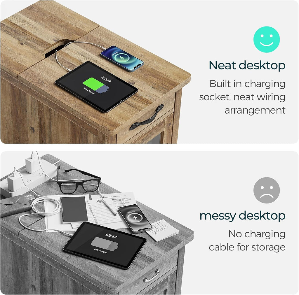 LINSY HOME End Table Set of 2 with Charging Station, Modern Farmhouse Sofa Couch Side Table, Wooden Bedside Table for Living Room, Nightstand with Storage Cabinet for Small Space, Brown, Glass Door