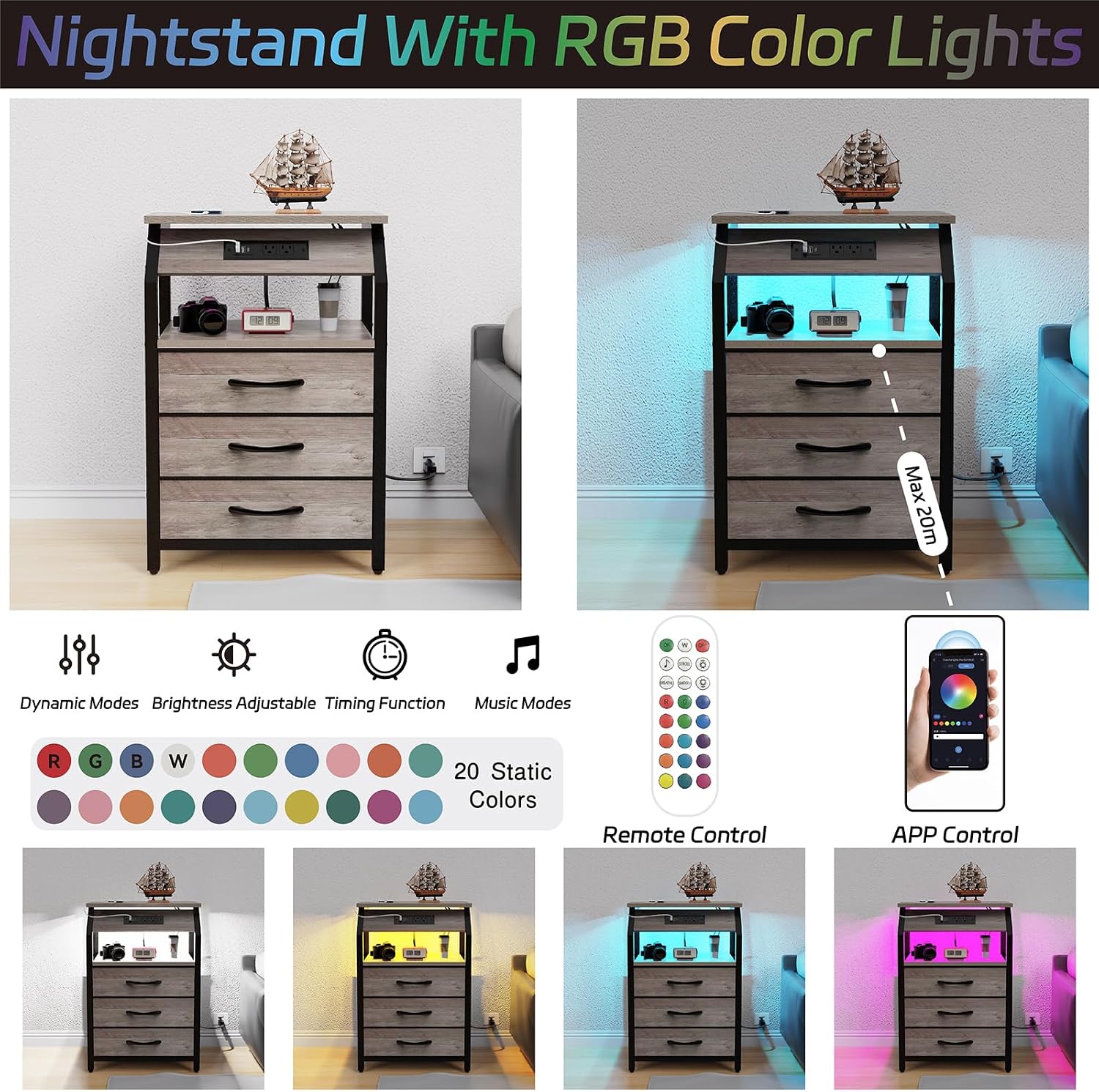 SZLHANJZ Night Stand Set of 2, Nightstands with Charger Station and LED Lights, End Tables Set with 3 Fabric Drawers, Storage Side Tables for Bedside, Living Room, Greige