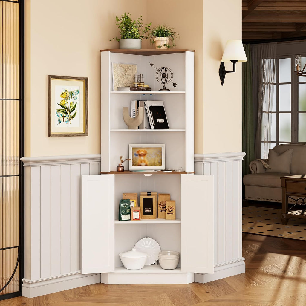 FREDEES Tall Corner Cabinet with LED Light, Farmhouse Bathroom Cabinet with 2 Doors and 3 Tier Shelves, Free Standing Corner Storage Cabinet for Laundry Room, Living Room or Kitchen, Antique White