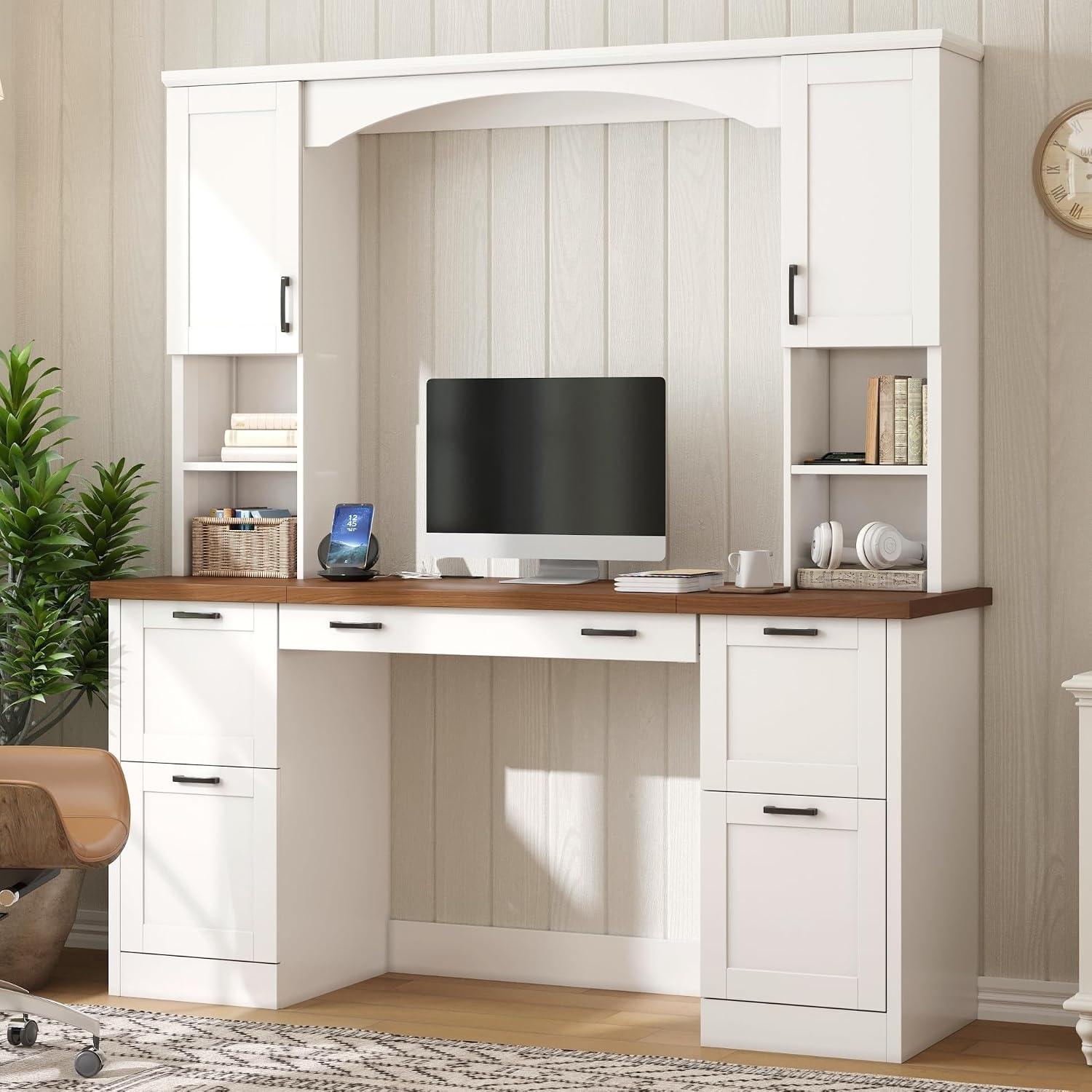 Farmhouse Arched Computer Desk with Hutch,Walnut Home Office Workstation with Charging Station & Keyboard Tray,All-in-One Writing Desk for Study, Office (White-FA)
