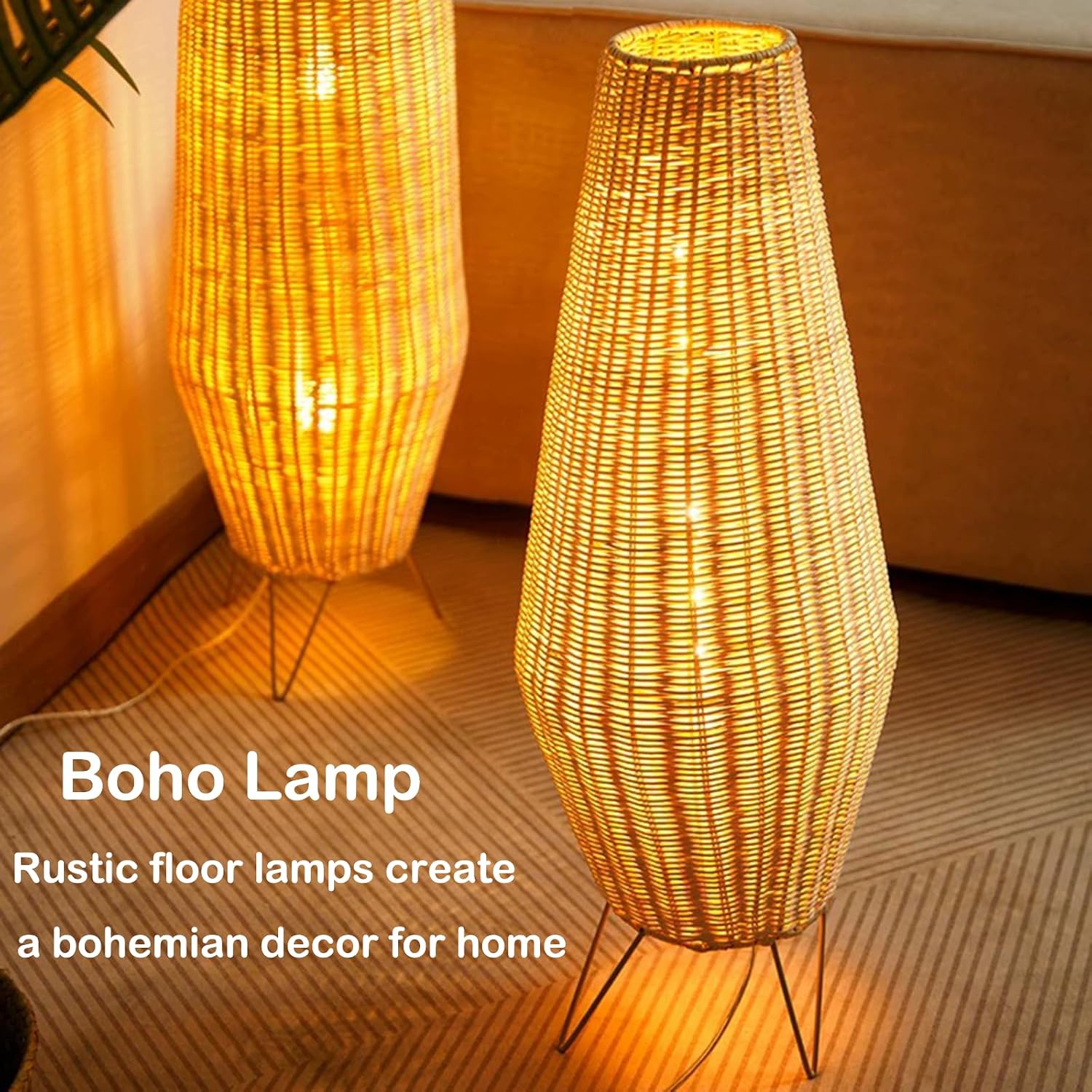 Boho Floor Lamp,Retro Standing Lamps with Rattan Lamp Shade | Farmhouse Standing Light with Foot Switch,Hand-Woven Bamboo Floor Lamps for Bedroom Living Room Kids Room Home Decor