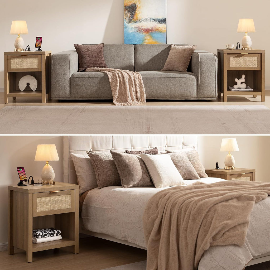 SICOTAS Nightstands Set of 2 with Charging Station Rattan Night Stand with Drawer Boho Bedside Table with USB and Type-C Ports Bed Side Tables for Bedroom Small Space, Oak