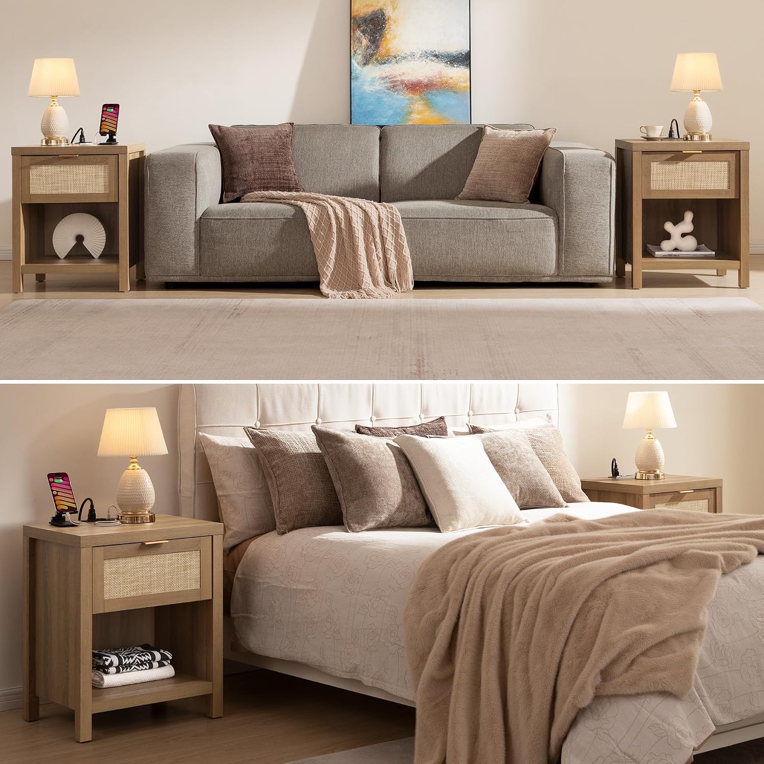 SICOTAS Nightstands Set of 2 with Charging Station Rattan Night Stand with Drawer Boho Bedside Table with USB and Type-C Ports Bed Side Tables for Bedroom Small Space, Oak