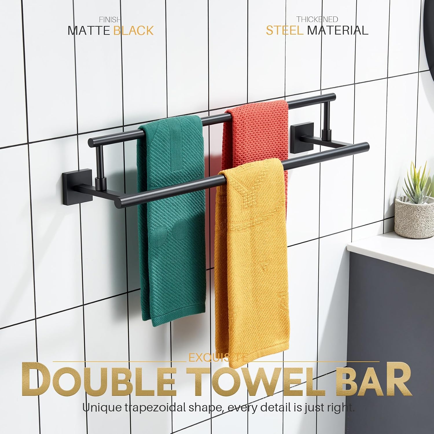 KOKOSIRI 24 Inch Bath Towel Bar Bathroom Towel Rack Free Standing Towel Racks for 2-Tier Towel Holder with Heavy Marble Base Matte Black B5009BK-L24+THS0005-BK