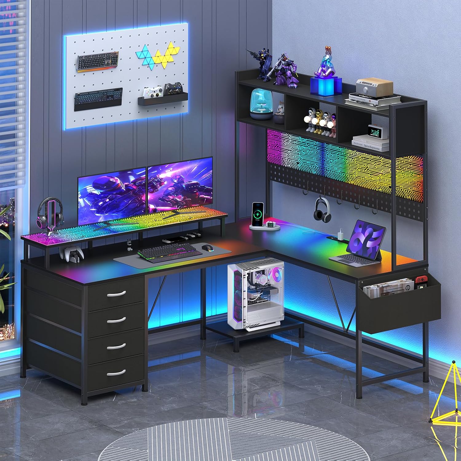 L Shaped Gaming Desk with Hutch, Reversible Computer Corner Desk with Drawers, Gaming Desk with LED Lights Panel, Power Outlets, Pegboard and Monitor Stand, Black