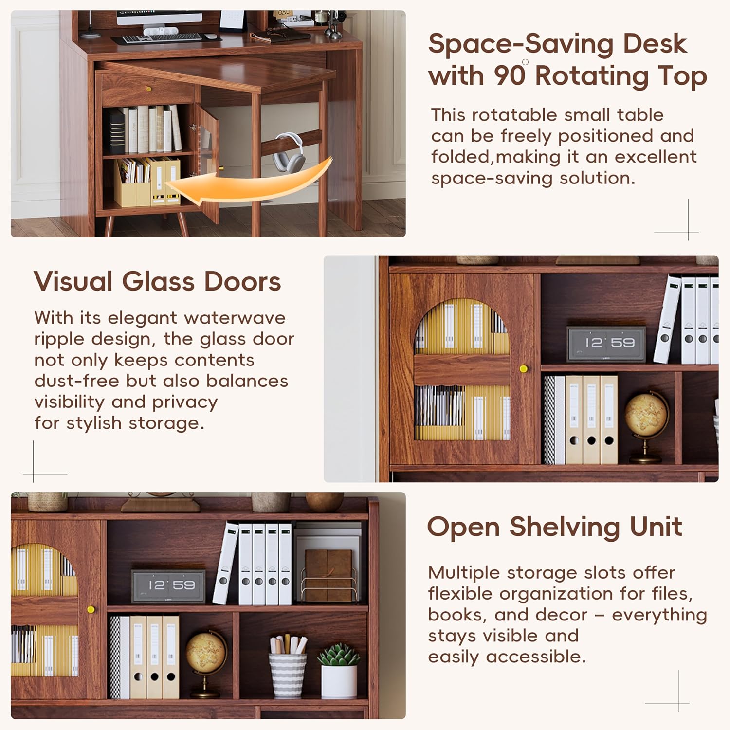 L Shaped Home Office Desks with 90° Rotating Retractable Desktop, Glass Door, Hutch, Drawers, Bookshelf & Storage Shelves, 43' Modern Gaming Computer Corner Table for Work, Study, Writing, Walnut