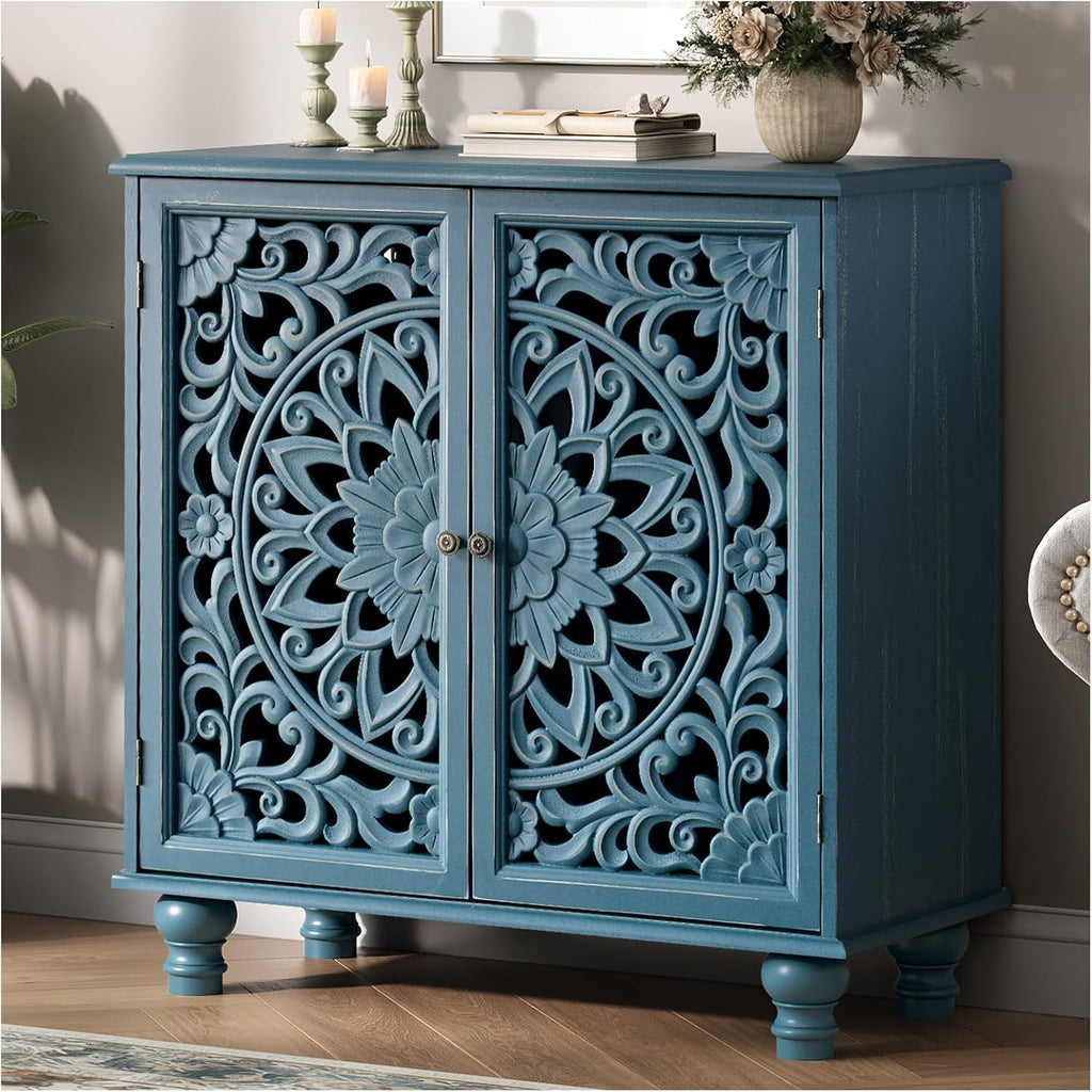 JOINICE Blue Accent Cabinet with Carved Doors, 31' Storage Cabinet for Entryway & Living Room, Vintage Sideboard Buffet Table with Adjustable Shelf, Solid Wood Legs, Boho Home Decor