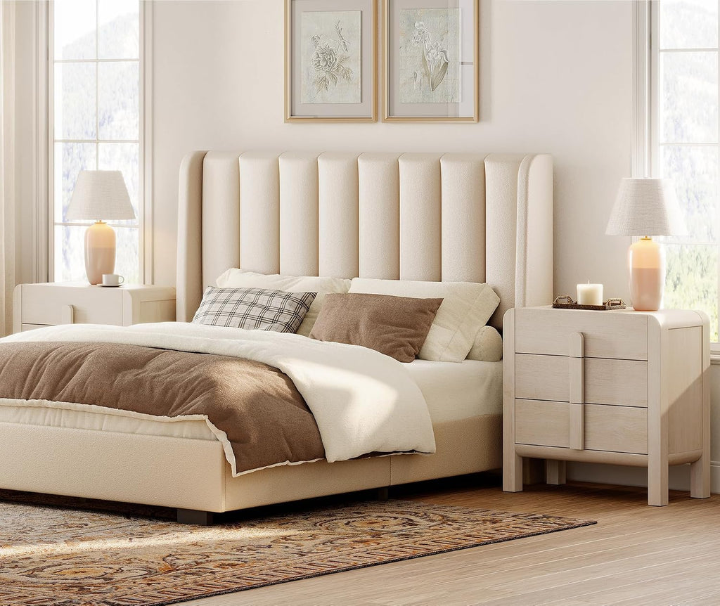 WAMPAT Nightstands Set of 2, Large Nightstands with 3 Drawers, 31.5' Tall Wooden End Tables with Storage, Modern Beige Nightstands Bedside Tables with Curved Design for Bedroom