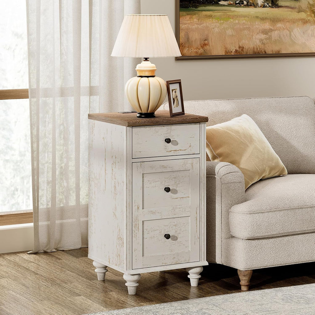 WAMPAT Set of 2 End Table with Charging Station & Power Outlets & USB Ports, Farmhouse Side End Table with Drawer and Storage Cabinet for Bedroom, Rustic White