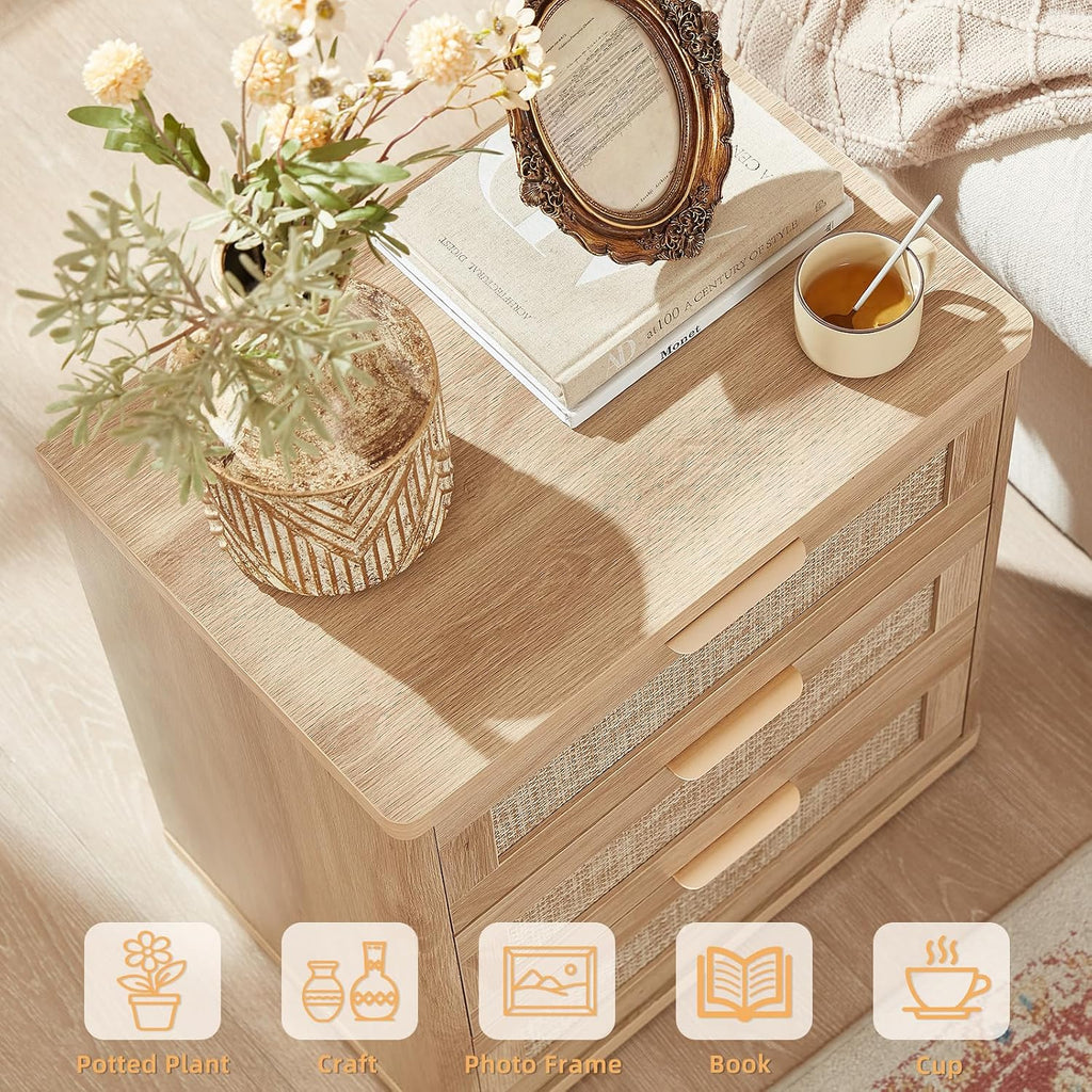 LEYAOYAO Rattan Night Stand Set of 2 with Drawers, 23' Large 3 Drawer Boho Nightstand, Natural Wood Bedside Table Storage Cabinet, Bed Side End Tables Dresser for Bedroom, Living Room, Hallway, Closet