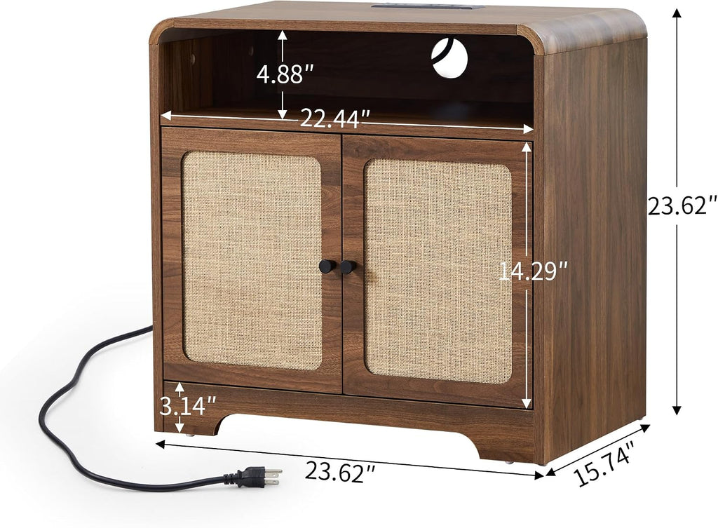 24' Nightstand Set of 2, Large End Table with Door & Charging Station AC + USB + Tpye-C, Mid-Century Farmhouse Linen Decor Night Stand Side Table for Living Room Sofa Couch Side, Bedroom Bedside