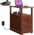 WLIVE Narrow Side Table with Charging Station, Wooden End Table with 2 Drawers, End Tables Living Room, Bedroom, Small Space, Antique Cherry