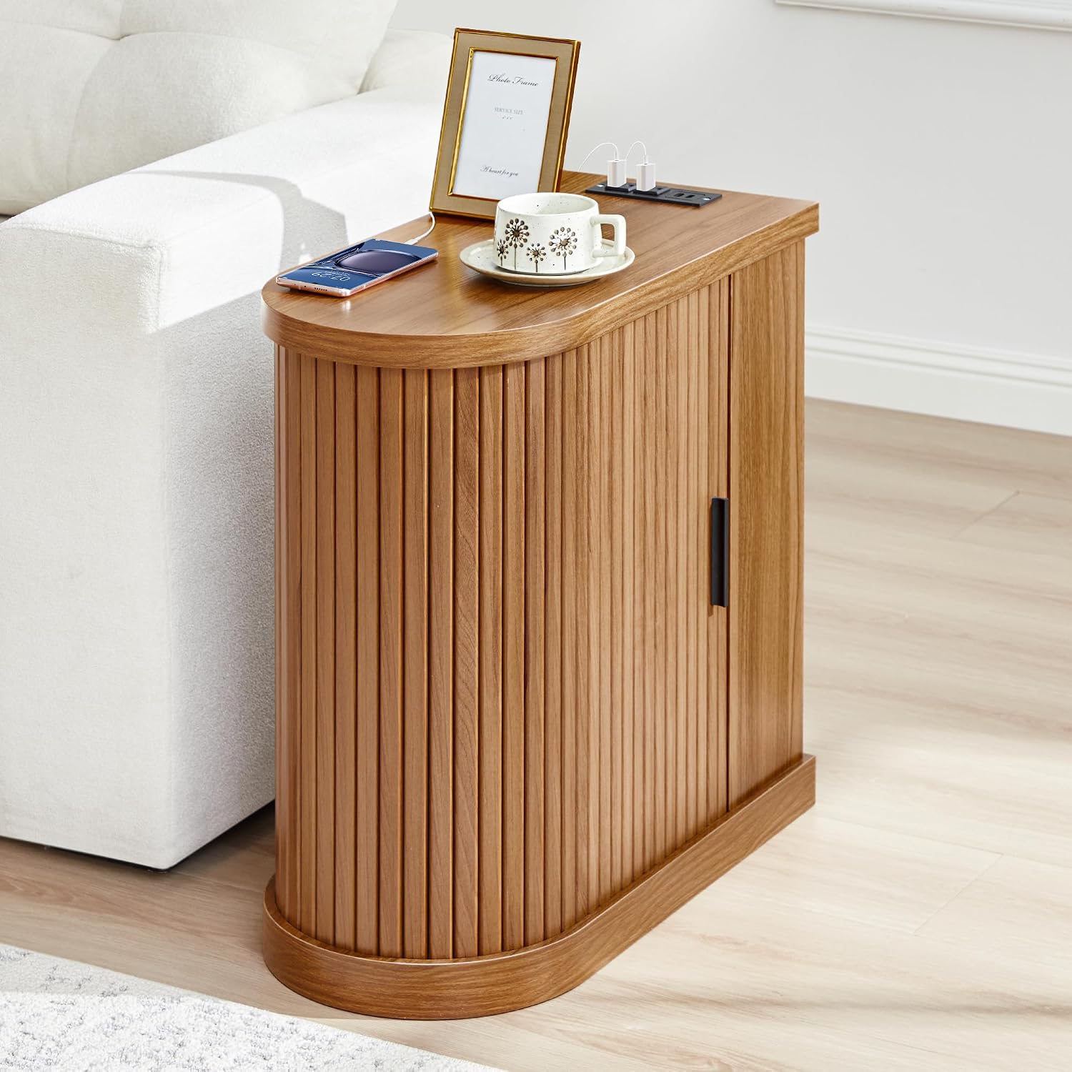 Turtle&Myrtle Nightstands with Charging Station, Narrow Side Table with Storage Doors and Shelves, Mid-Century Modern Bedside Table for Small Spaces Bedrooms, Walnut