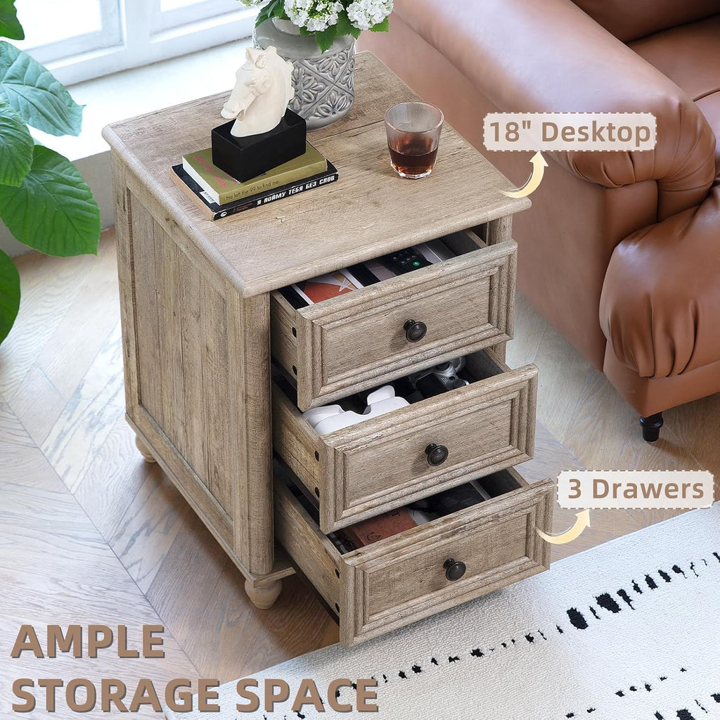 RWYHG 18' Farmhouse Night Stand Set of 2, Gray Wood Nightstand with 3 Drawers, Bedside End Table with Storage and Roman Column, Bed Side Tables Cabinet for Bedroom, Living Room, and Closet