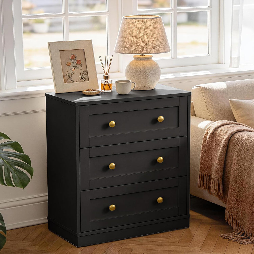 RoyalCraft Black Nightstand Set of 2, Night Stand with 3 Drawers Storage, Modern Bedside Table, End Table for Bedroom, Hallway, Closet