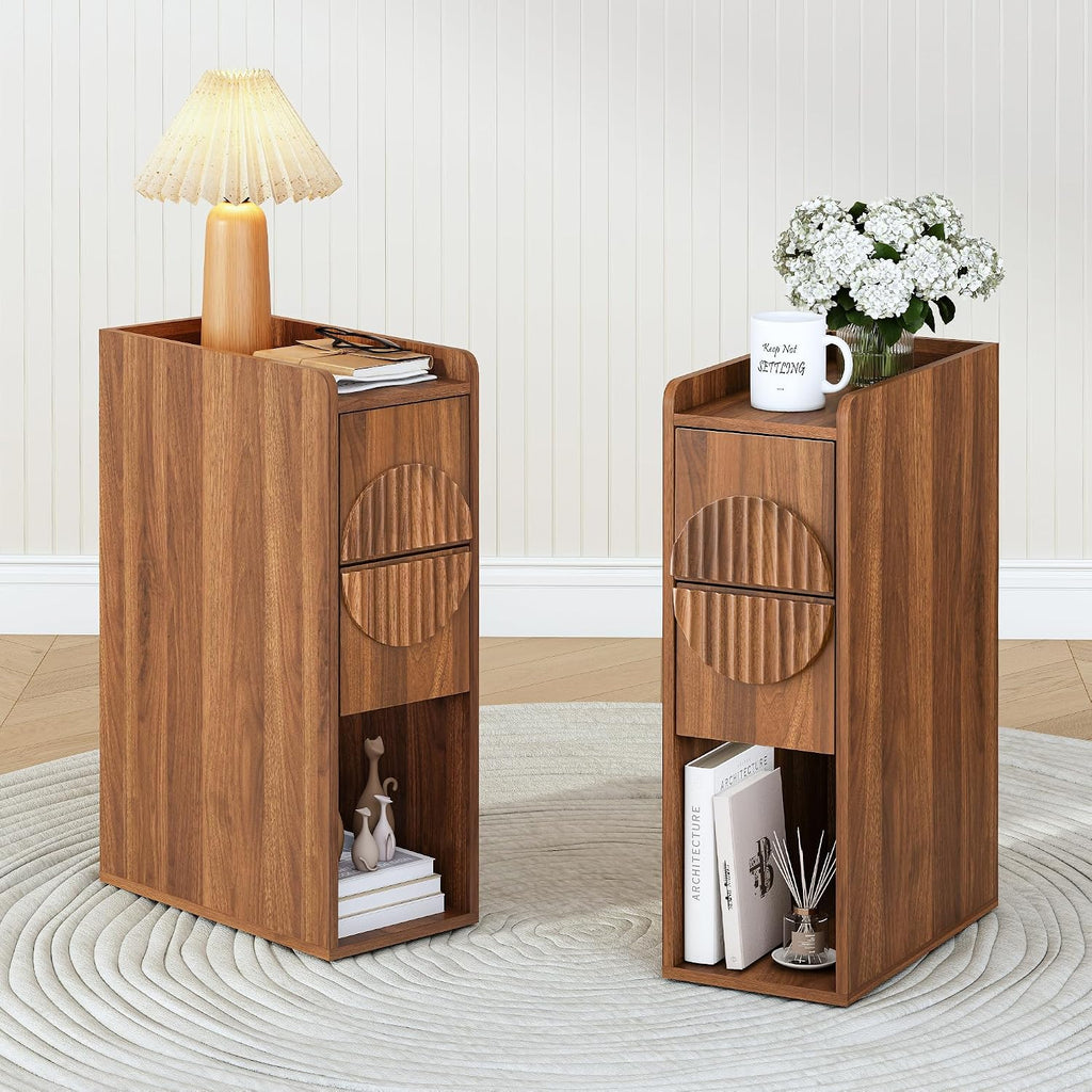 Narrow Nightstands Set of 2 for Bedroom, Mid Century Modern Wooden Bedside with 2 Drawers, Fluted Skinny End Table, 8 Inch Wide Slim Side Tables for Small Spaces, Walnut