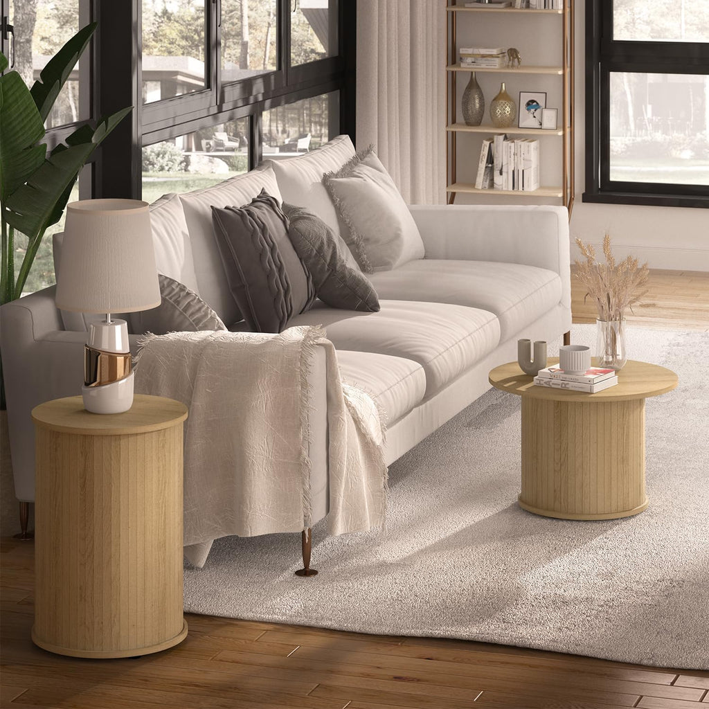 Set of 2 Round Wood Coffee Table Set for Living Room, Fluted Circle Nesting Coffee Tables for Apartment, Small Spaces, Bedroom, Modern Style, Easy Assembly & Maintenance, Oslo Oak