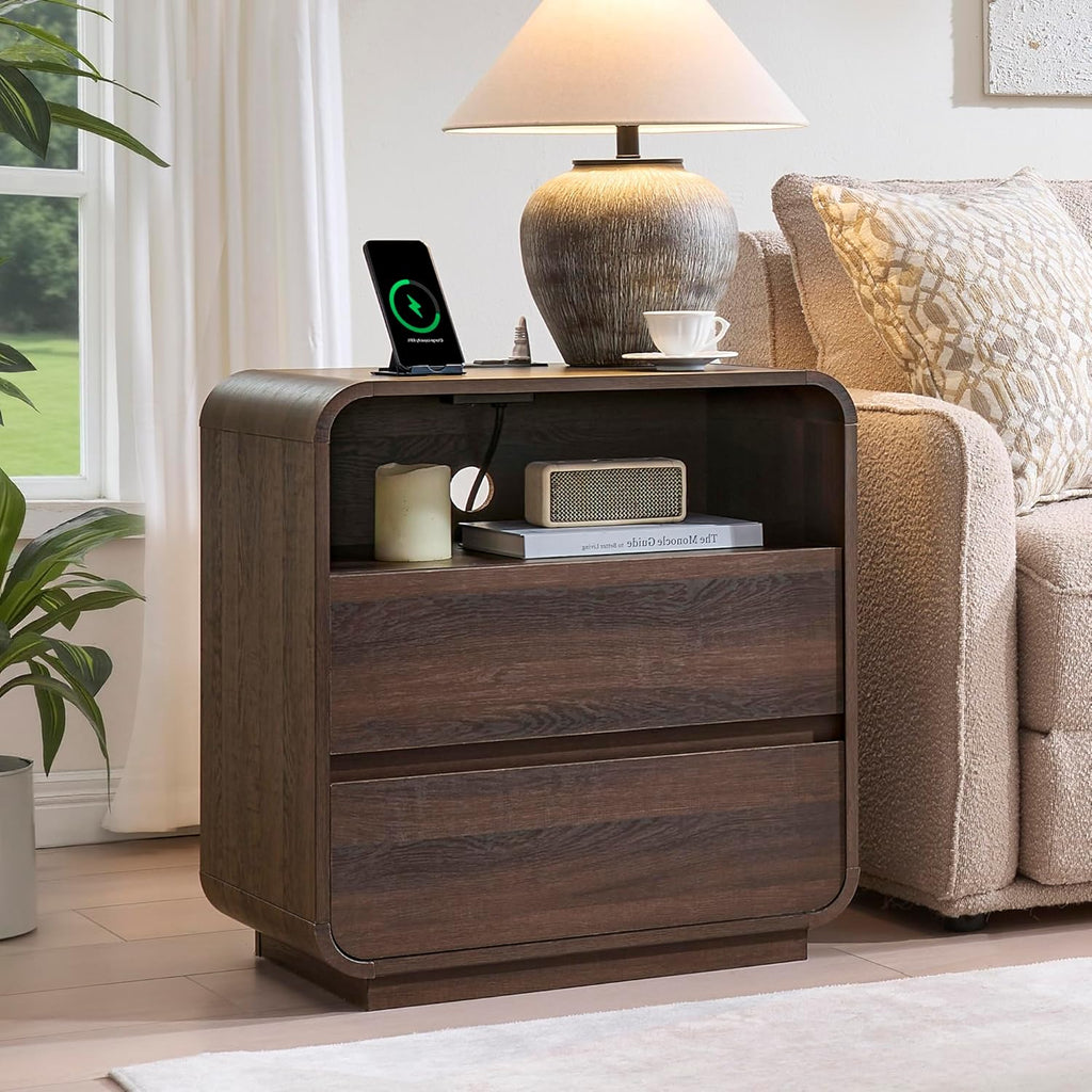 Standifurno Walnut Curved Nightstand Set of 2 with Charging Station, 23.2' Wide Wood Bedside Table 2 Storage Drawers, Modern Side Table Handleless, Large End Table Night Stand for Bedroom