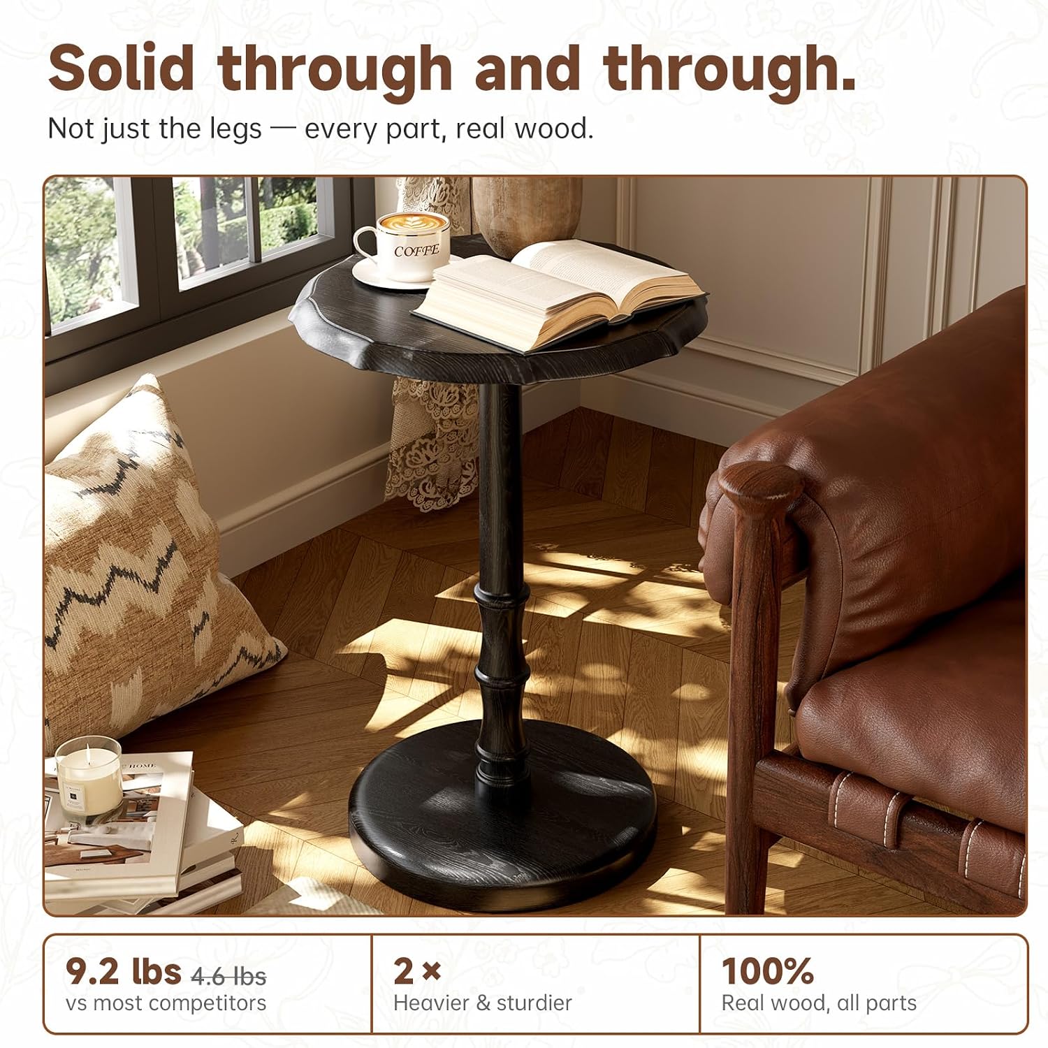 100% Solid Wood Round Pedestal Side Table, Vintage End Table for Living Room Bedroom, Heavy-Duty Antique Accent Table for Corner Spaces, Small Bedside Nightstand, 5-Min Assembly, Black