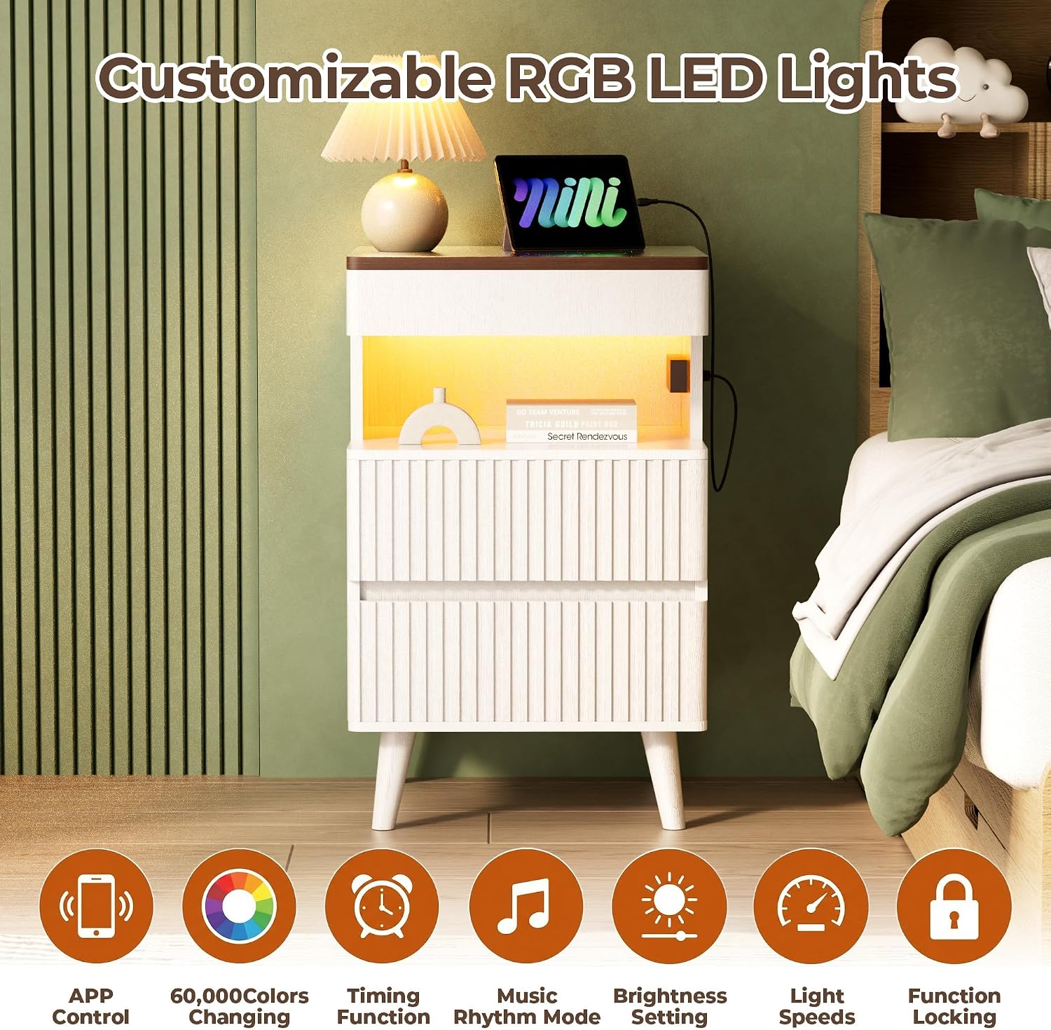 26' Tall Fluted Nightstand Set of 2 with Charging Station & LED Light, Modern End Table with 3 Storage Drawers and Pull-Out Tabletop, Wood Bedside Table for Bedroom, Living Room, White