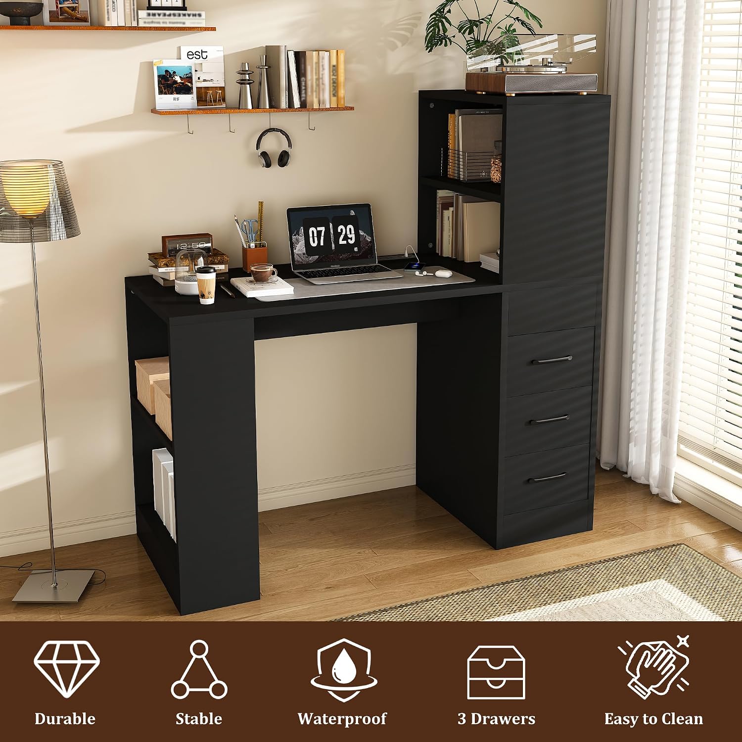 KEIKI L Shaped Computer Desk with 4-in-1 Charging Station, Office Desk with 3 Slide Drawers and 4-Tier Storage Shelves, Modern Wooden Corner Writing Desk for Home Office, Study, Bedroom, Black