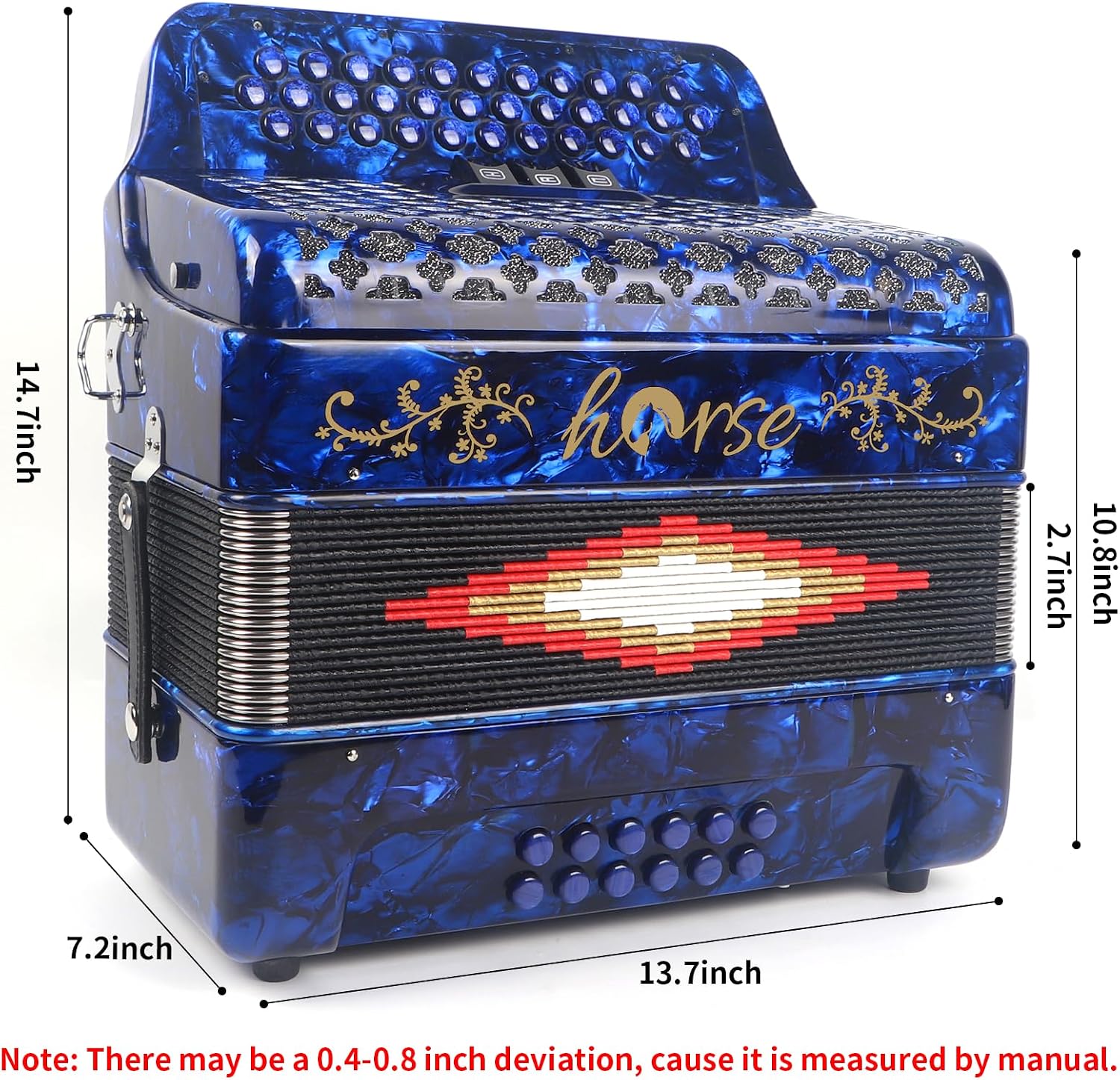 Horse 34 Key Accordion, FBE 12 Bass 3 Row, Made of Celluloid Louder & Clearer Timbre than Plastic,Accordions Instrument for Adults,W/Luxury Backpack,Straps,34 Buttons Acordeón Acordeones Para Adultos