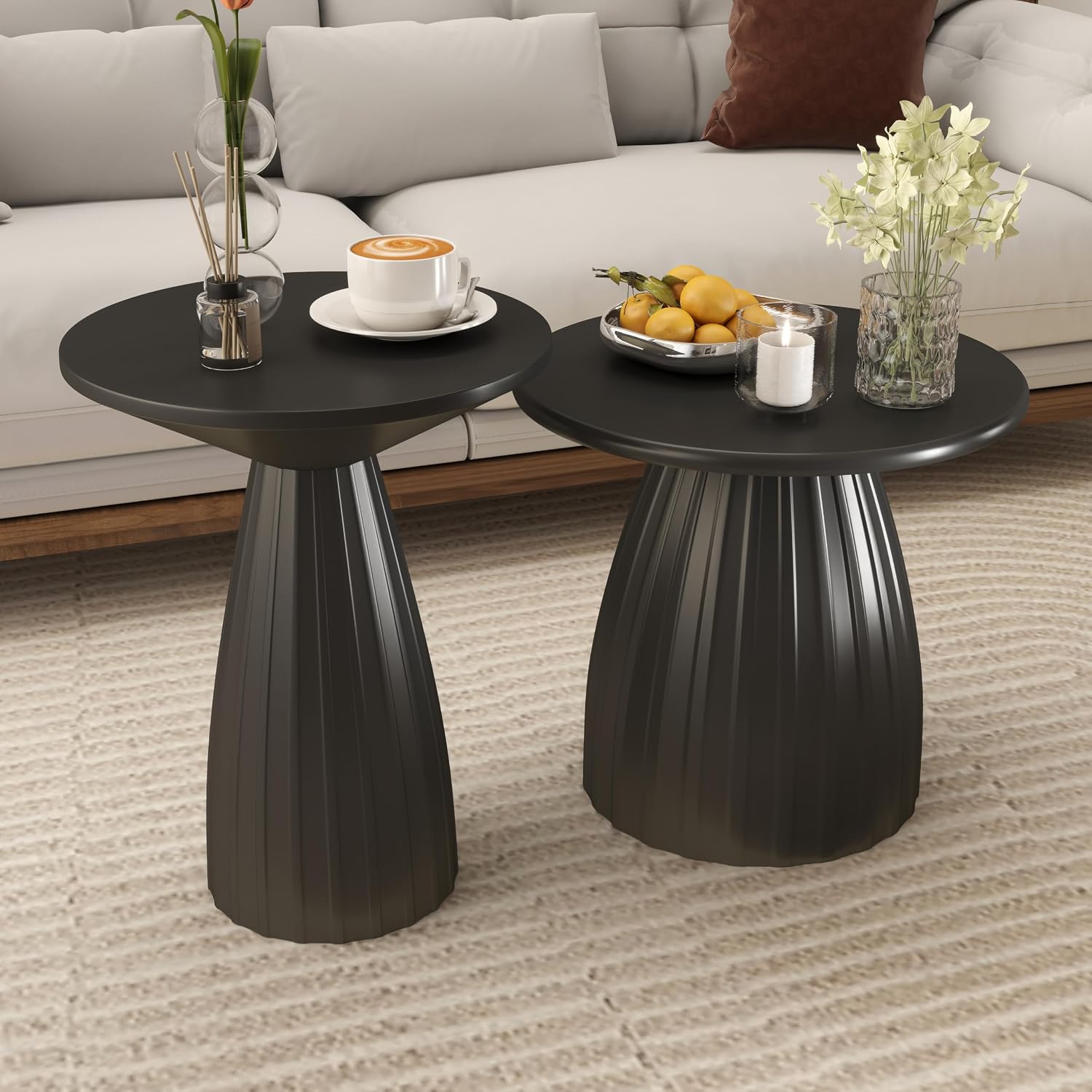 Black Round Side Table Set of 2 for Sofa, Metal Small Circle Couch End Table, Modern Round Nightstand, Mid Century Bedroom Night Stand, for Living Room, Skinny, 15.5 Inches