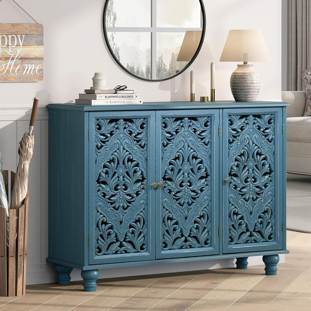 JOINICE Accent Cabinet with 3 Carved Doors, Distressed Blue Sideboard Buffet with Storage & Solid Wood Legs, 43' Vintage Console Table for Living Room, Entryway, Coffee Bar, Hallway
