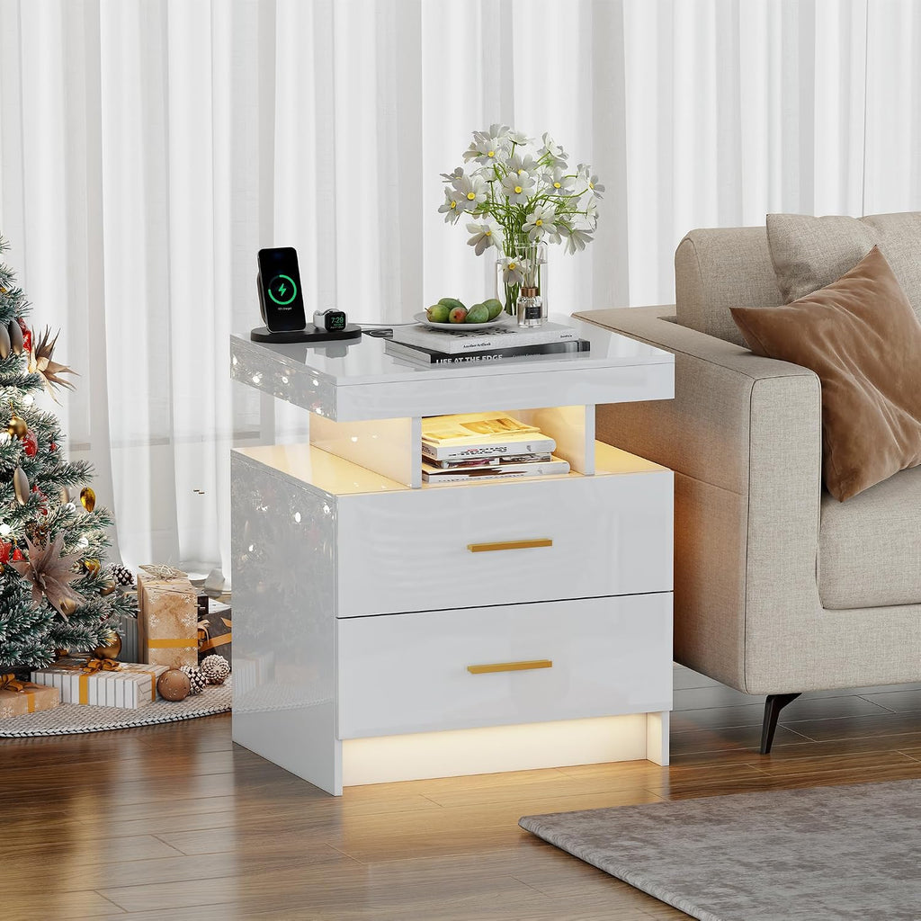 Smart Night Stand with Charging Station, Modern White Nightstand with 24 Color Lights and 2 Drawers, LED Bedside Tables with Auto Senor,High Gloss End Table for Bedroom