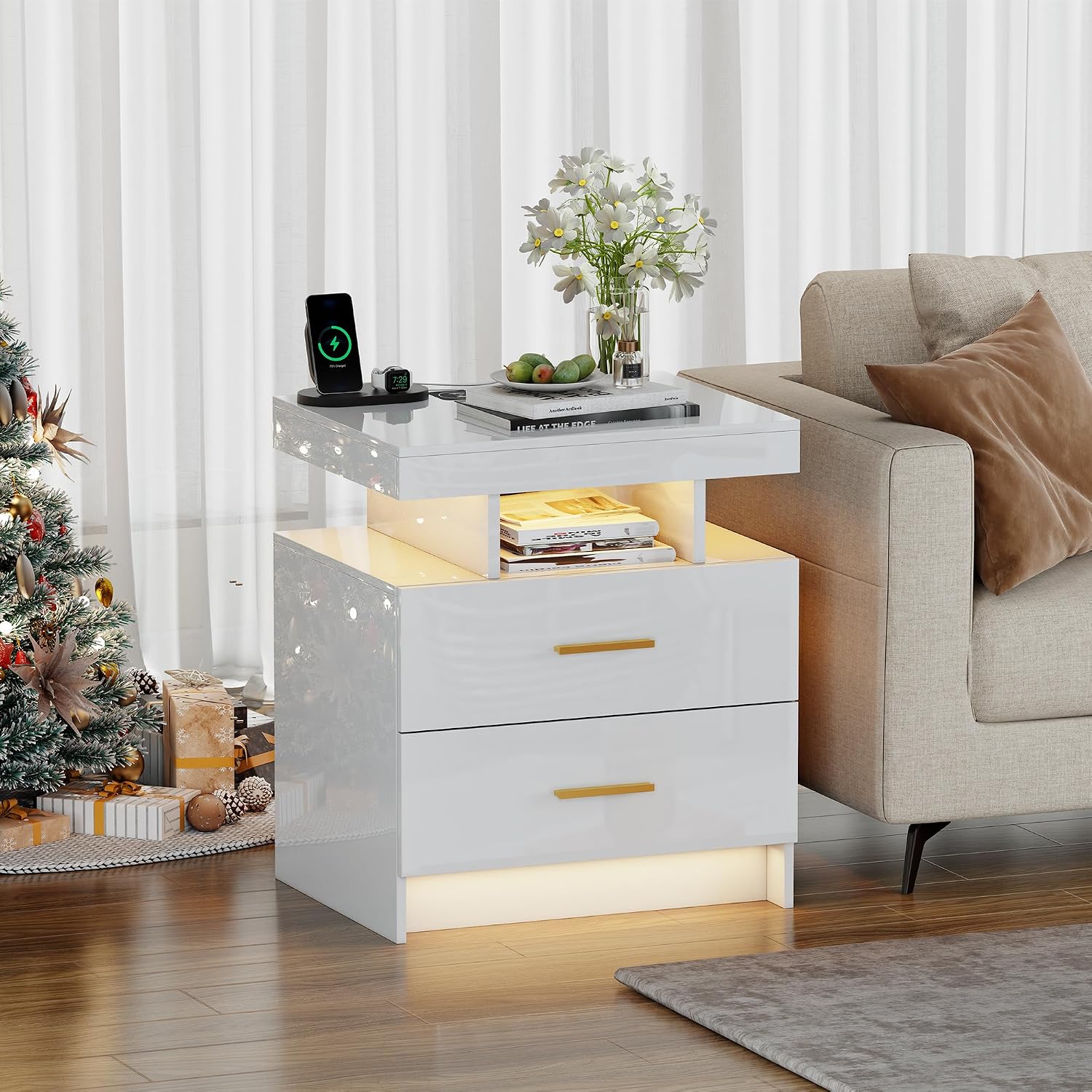 Smart Night Stand with Charging Station, Modern White Nightstand with 24 Color Lights and 2 Drawers, LED Bedside Tables with Auto Senor,High Gloss End Table for Bedroom