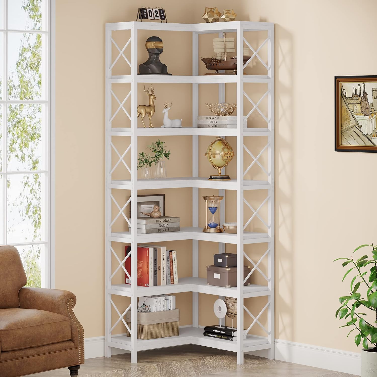 Tribesigns 7-Tier Corner Bookcase, Industrial Large Corner Bookshelf, 7-Shelf Tall Corner Shelf Storage Display Rack with Metal Frame for Living Room Home Office, White