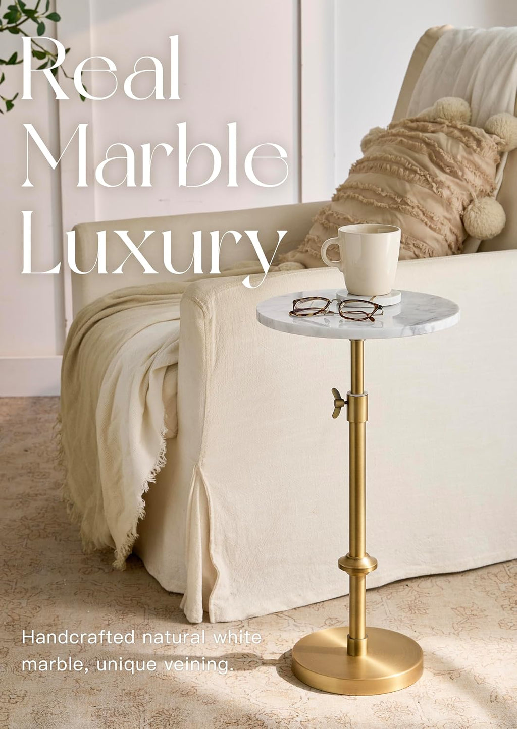 Adjustable-Height Marble Drink Table - 12x12x22-30, White Marble & Antique Brass, Modern Round End Table, Side Table with Pedestal Stand for Small Spaces, Vintage Metal Martini Cocktail Accent