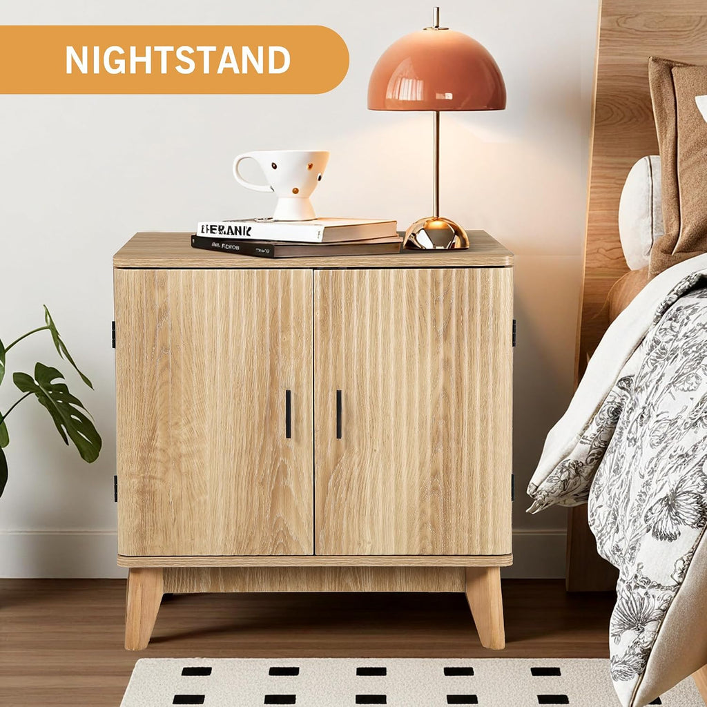 Fluted End Table with Charging Station, 2 Door Side Table with Storage, Mid Century Modern Nightstand for Bedroom Bedside, Living Room Couch Sofa, Office, Desk Side Table for Small Spaces-Natural
