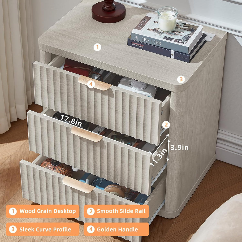 LEYAOYAO Fluted Nightstand with Charging Station, 23' Wide 3 Drawers Night Stand,LightGrey End Table with Open Storage,Farmhouse Bed Side Tables, Wood Dresser for Bedroom, Living Room, Closet