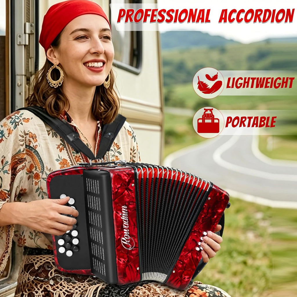 Accordions,22 keys Accordion,8 Bass Student Piano accordions Suitable for beginners and students Lightweight and portable, comes with a backpack and adjustable straps (8 Bass, Red)