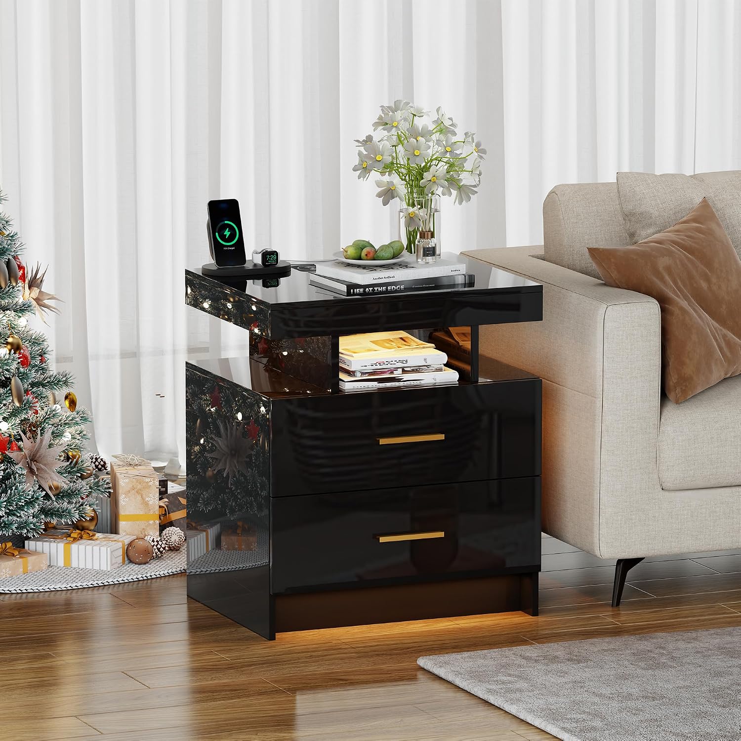 Smart Night Stand Set of 2 with Charging Station, Modern Black Nightstand with 24 Color Lights and 2 Drawers, LED Bedside Tables with Auto Senor,High Gloss End Side Table for Bedroom