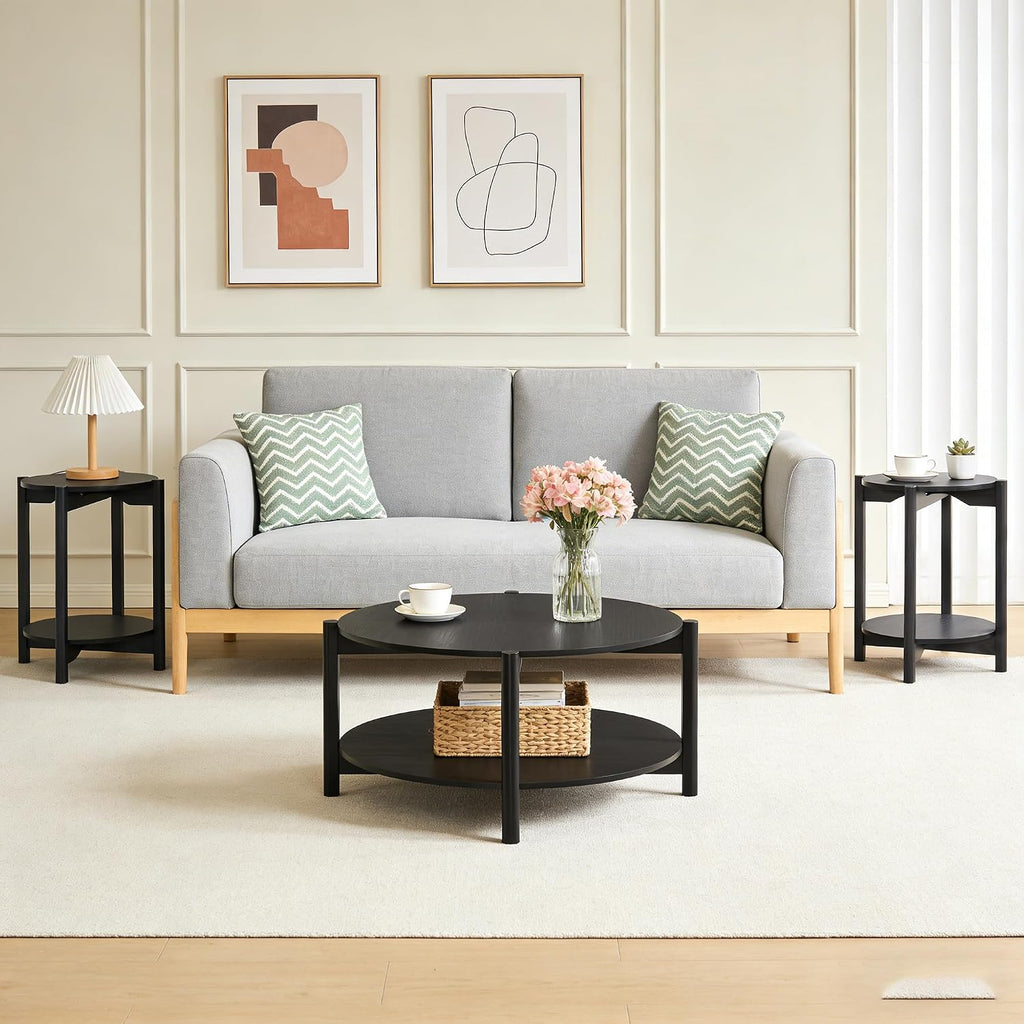 leovanni Coffee Table and End Table Sets, 34.4' Round Coffee Table with End Table Set of 3, Sturdy X-Brace Frame, 3 Piece Coffee Table for Living Room, Home Office