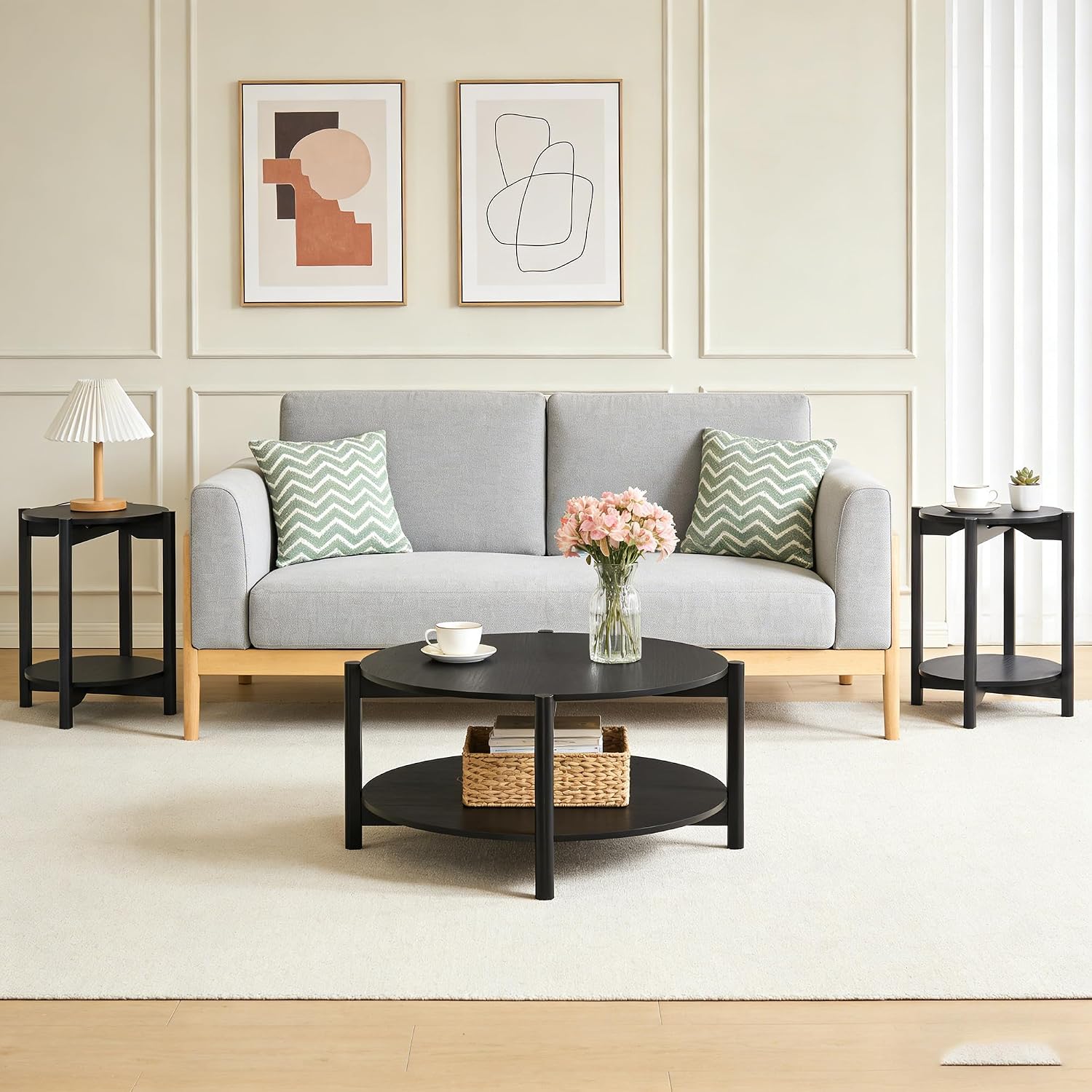 leovanni Coffee Table and End Table Sets, 34.4' Round Coffee Table with End Table Set of 3, Sturdy X-Brace Frame, 3 Piece Coffee Table for Living Room, Home Office