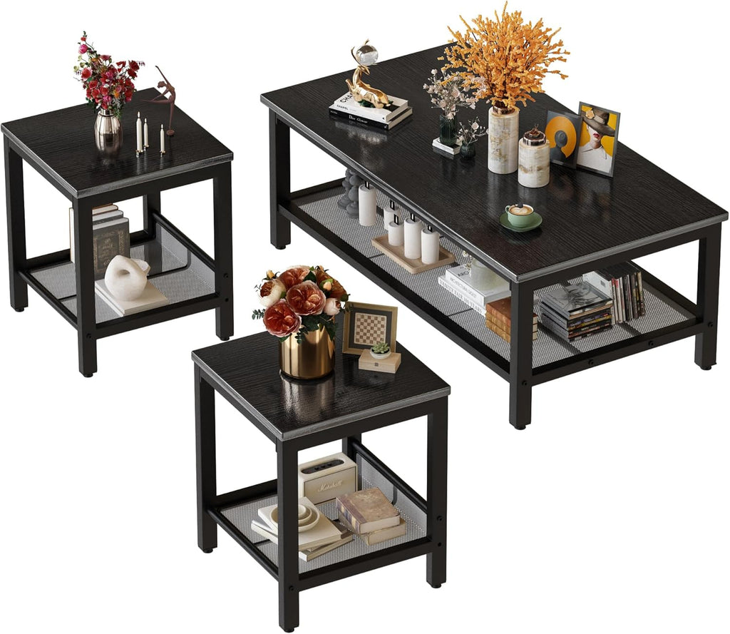 Lamerge 3 Pieces Living Room Table Set, Industrial Coffee Table with 2 Square End Side Tables, Coffee Table Set with Metal Frame for Apartment Home Office, Black