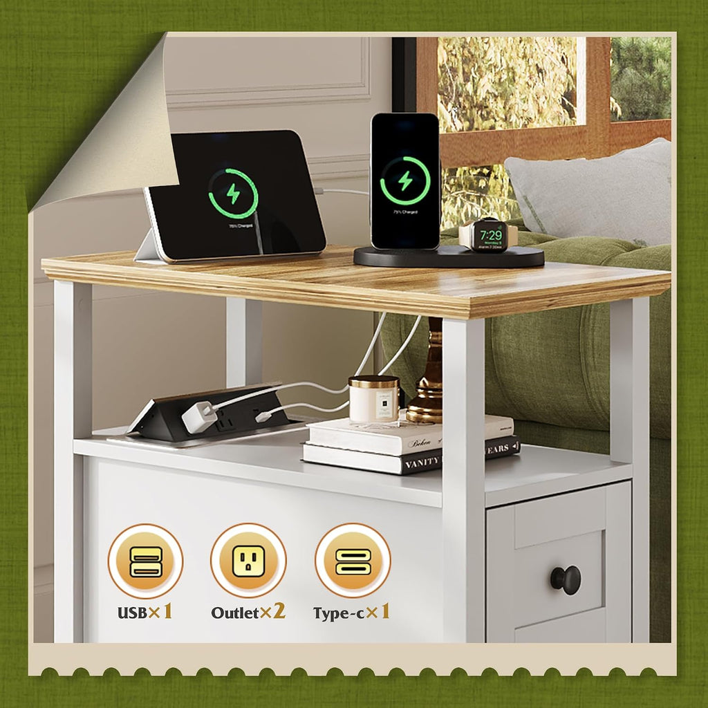 WLIVE End Table with Charging Station, Narrow Side Table for Living Room, Farmhouse Nightstand with Storage, Small Wooden Cabinet with USB Ports and Outlets for Living Room and Bedroom, White