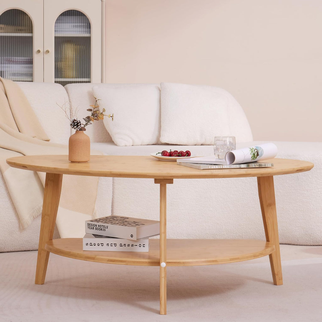 NAVREX Coffee Table, Mid Century Modern Oval Coffee Tables for Living Room, 100% Solid Wood, FSC Certifiled 40.2'*22' Round Center Table, Value Lies in Material, Easy Assembly