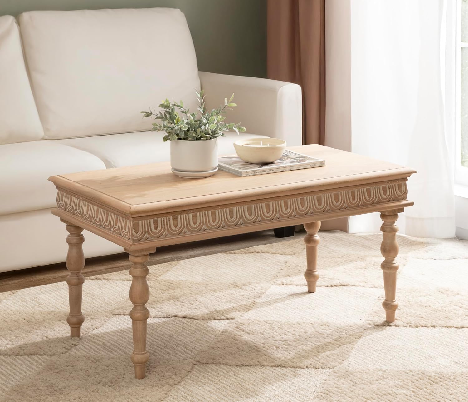 Kate and Laurel Patresa Traditional Carved Rectangle Wood Coffee Table, 36 x 20 x 18, Light Natural, Decorative Rectangular Living Room Table with Storage for Useful Home Decor