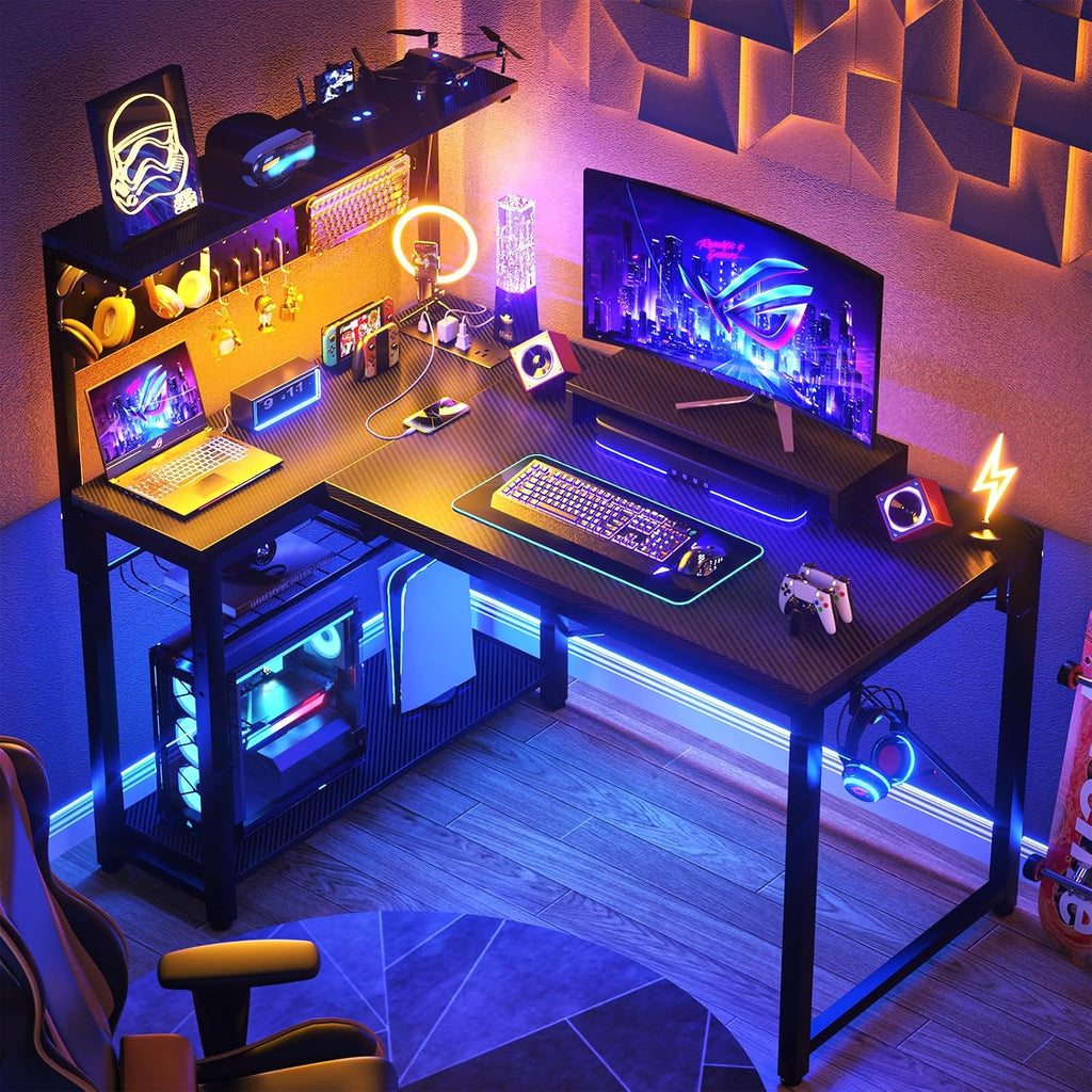 Homieasy Small Gaming Desk with Power Outlets Pegboard LED Light, 43 Inch L Shaped Computer Desk with Monitor Stand Storage Shelves, Reversible Corner Desk with Headset Hooks, Carbon Fiber Black