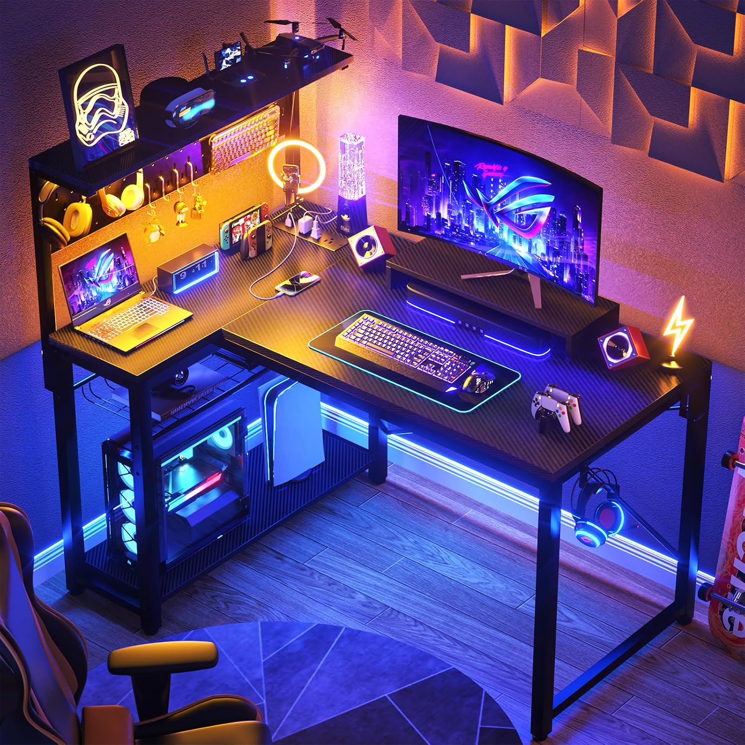 Homieasy Small Gaming Desk with Power Outlets Pegboard LED Light, 43 Inch L Shaped Computer Desk with Monitor Stand Storage Shelves, Reversible Corner Desk with Headset Hooks, Carbon Fiber Black