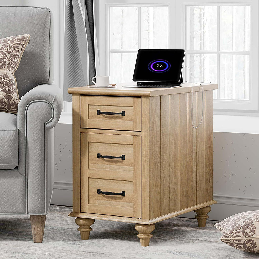 WAMPAT Set of 2 End Tables with Charging Station, Light Wood Sofa Side Table with Drawer & Storage Cabinet, Farmhouse Nightstand with Power Outlets & USB Ports for Living Room, Bedroom, Oak