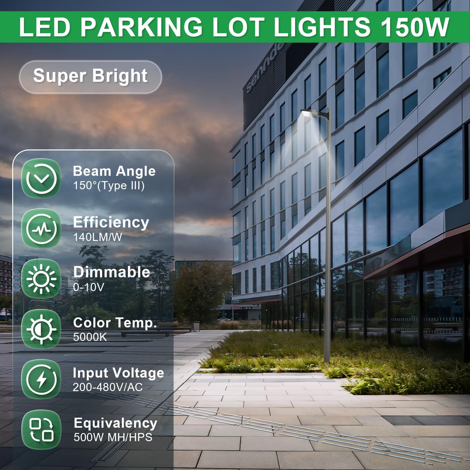 480V 150W LED Parking Lot Light, 5000K 21000LM LED Shoebox Area Light (500W HID/HPS Equiv.) with Direct Arm Mount, Dimmable Commercial Street Lighting with 20KV Surge Protection, UL Listed